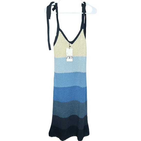 ZARA Crochet Knit Midi Dress S Blue Striped Tie Shoulder Boho Beach Resort NWT - Picture 14 of 15